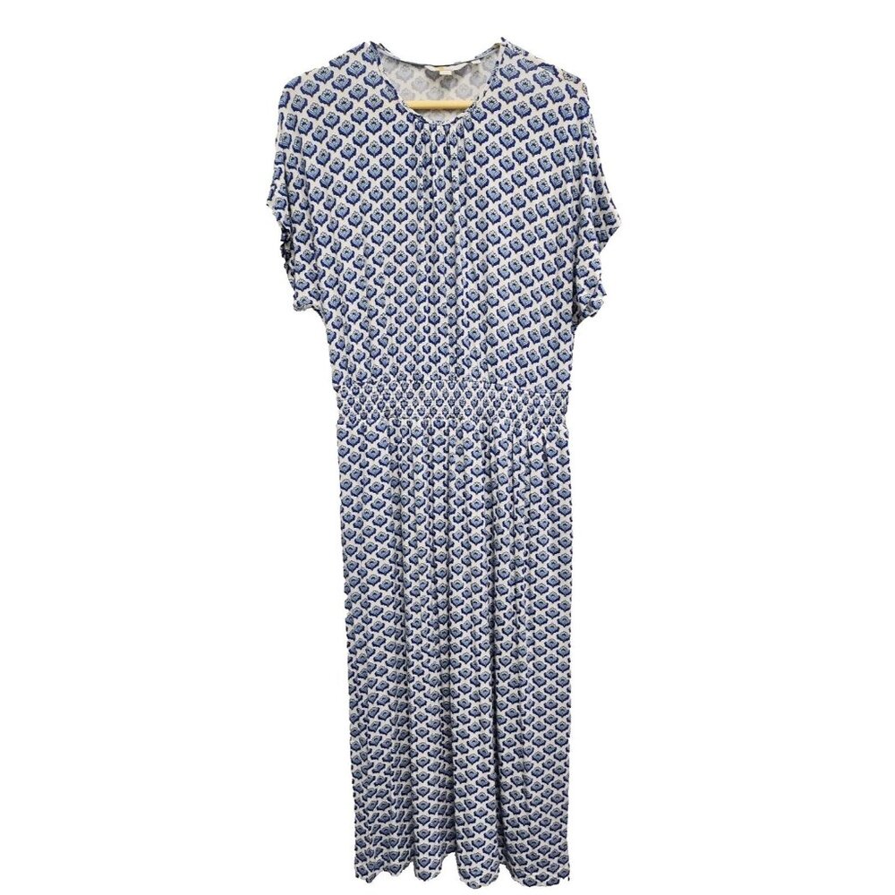 Boden Womens Ivory Geo Print Jersey Midi Dress Sz 12R Smocked Waist Semi Fitted